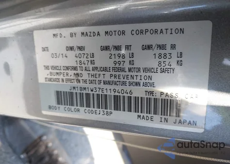 2014 Mazda Mazda3 S Grand Touring из США, поврежденный, VIN JM1BM1W37E1194046